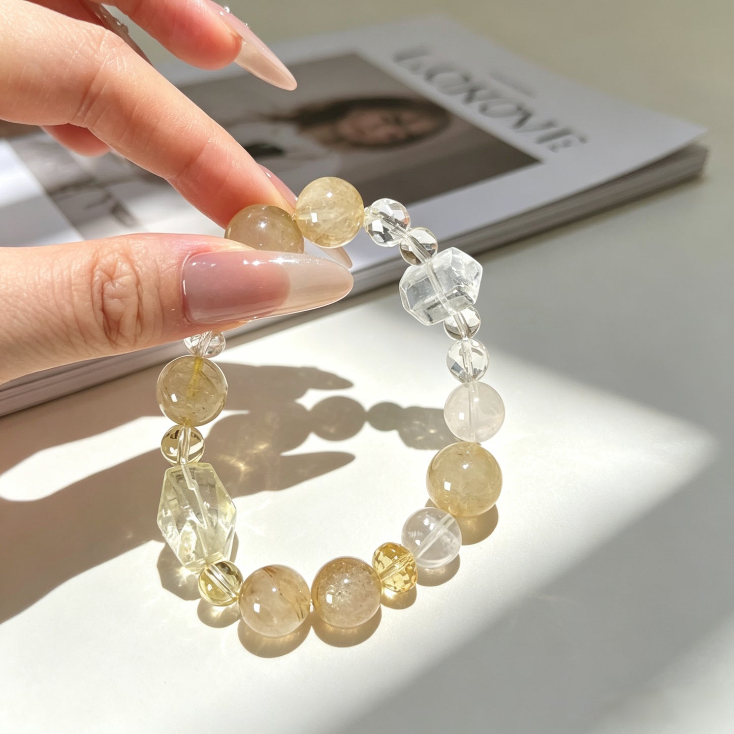 Natural Rutilated Quartz, Citrine & White Phantom Beaded Bracelet, Abundance Wealth Healing Crystal Jewelry for Success & Growth