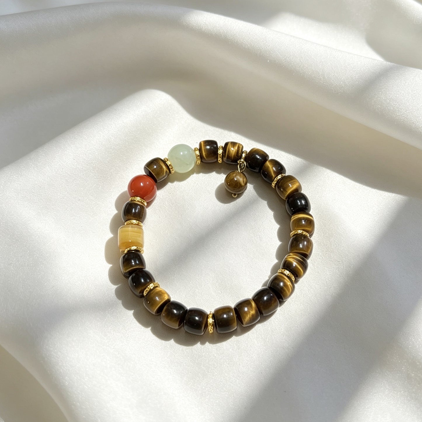 Natural Tiger's Eye, Red Agate & Green Garnet Beaded Bracelet, Protection Courage Healing Crystal Jewelry for Men & Women