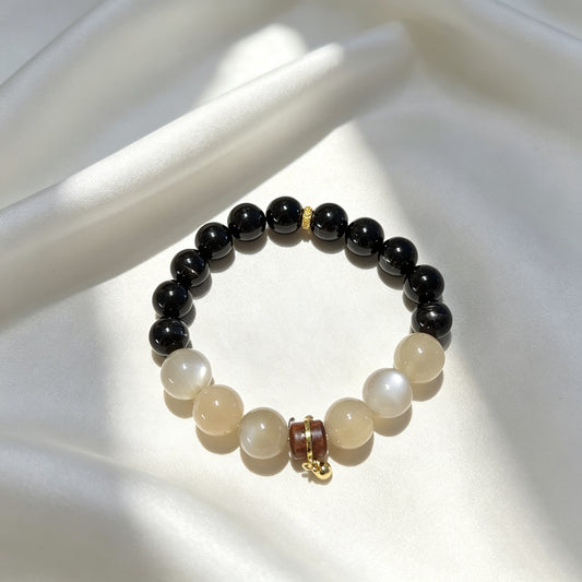 Natural Gold Obsidian & Milky Moonstone Beaded Bracelet ｜ Wood Charm Healing Crystal Jewelry for Luck & Calm