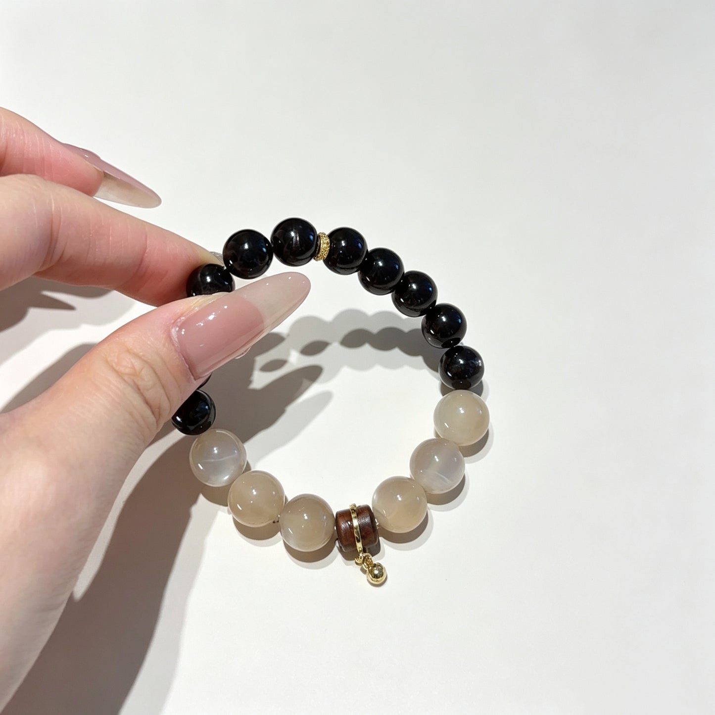 Natural Gold Obsidian & Milky Moonstone Beaded Bracelet ｜ Wood Charm Healing Crystal Jewelry for Luck & Calm