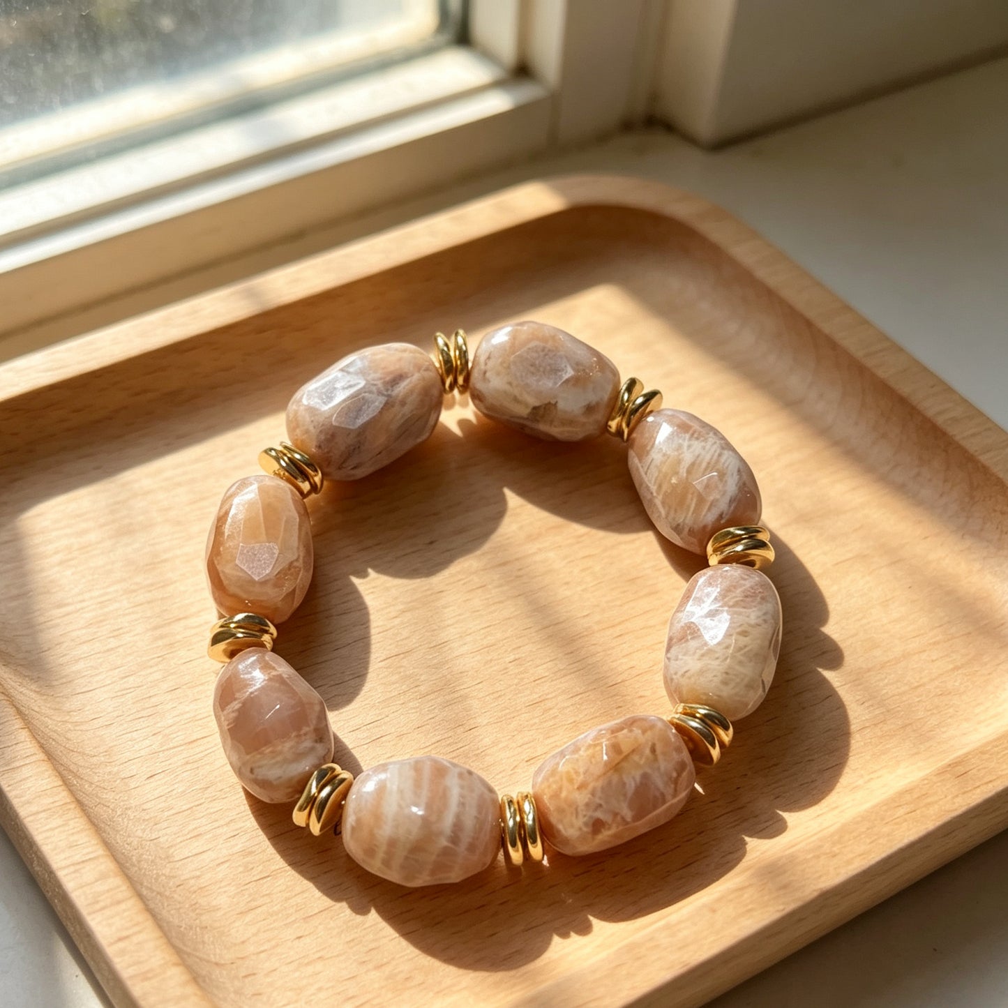 Natural Sunstone Freeform Beaded Bracelet | Gold Accent Energy