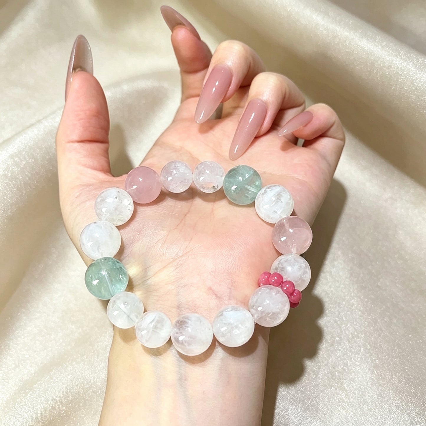 Natural Snow Phantom Quartz, Green Fluorite & Rose Quartz Crystal Bracelet