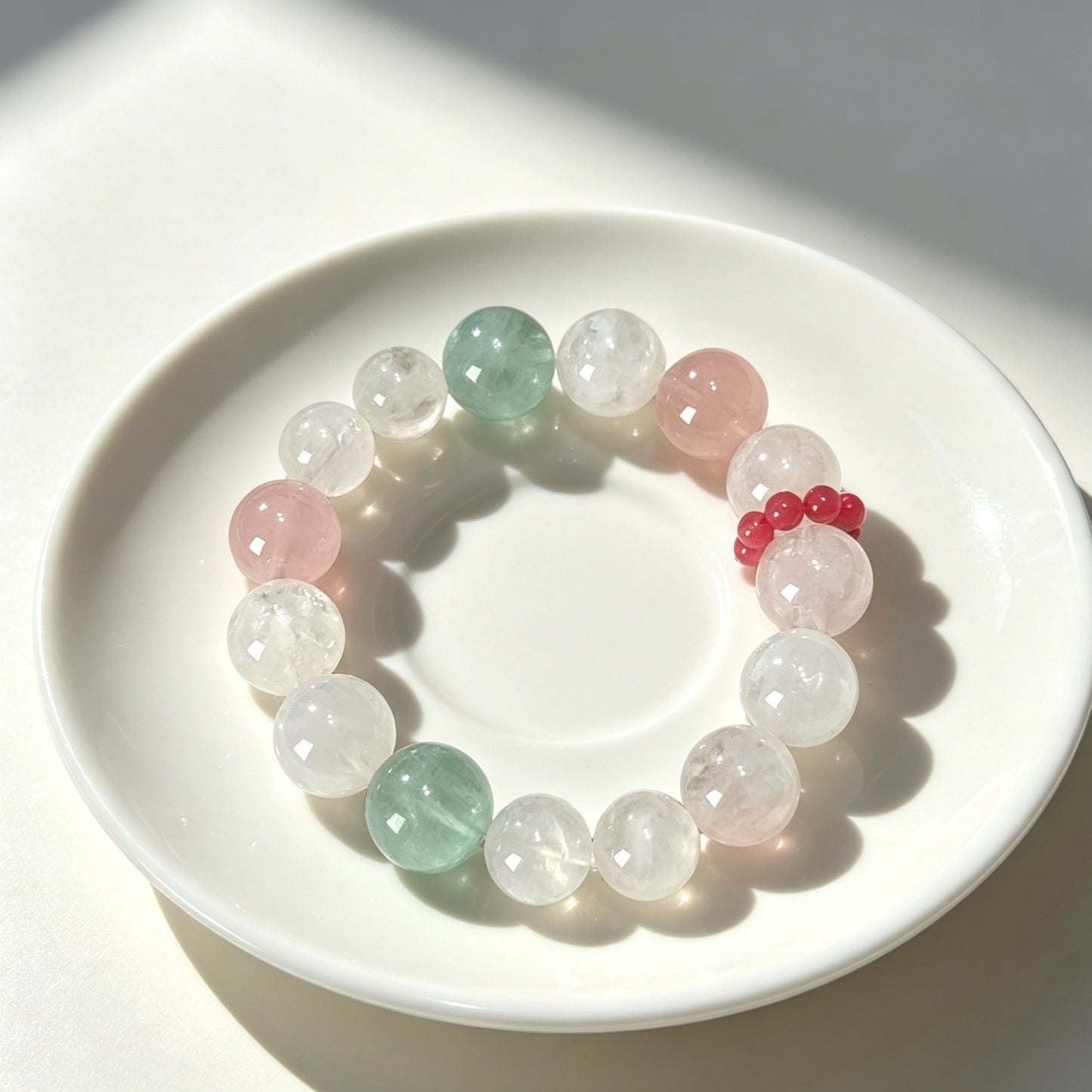 Natural Snow Phantom Quartz, Green Fluorite & Rose Quartz Crystal Bracelet