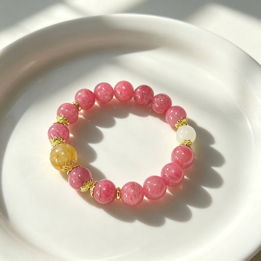 Natural Rhodonite, Yellow Hematoid Quartz & Moonstone Crystal Bracelet